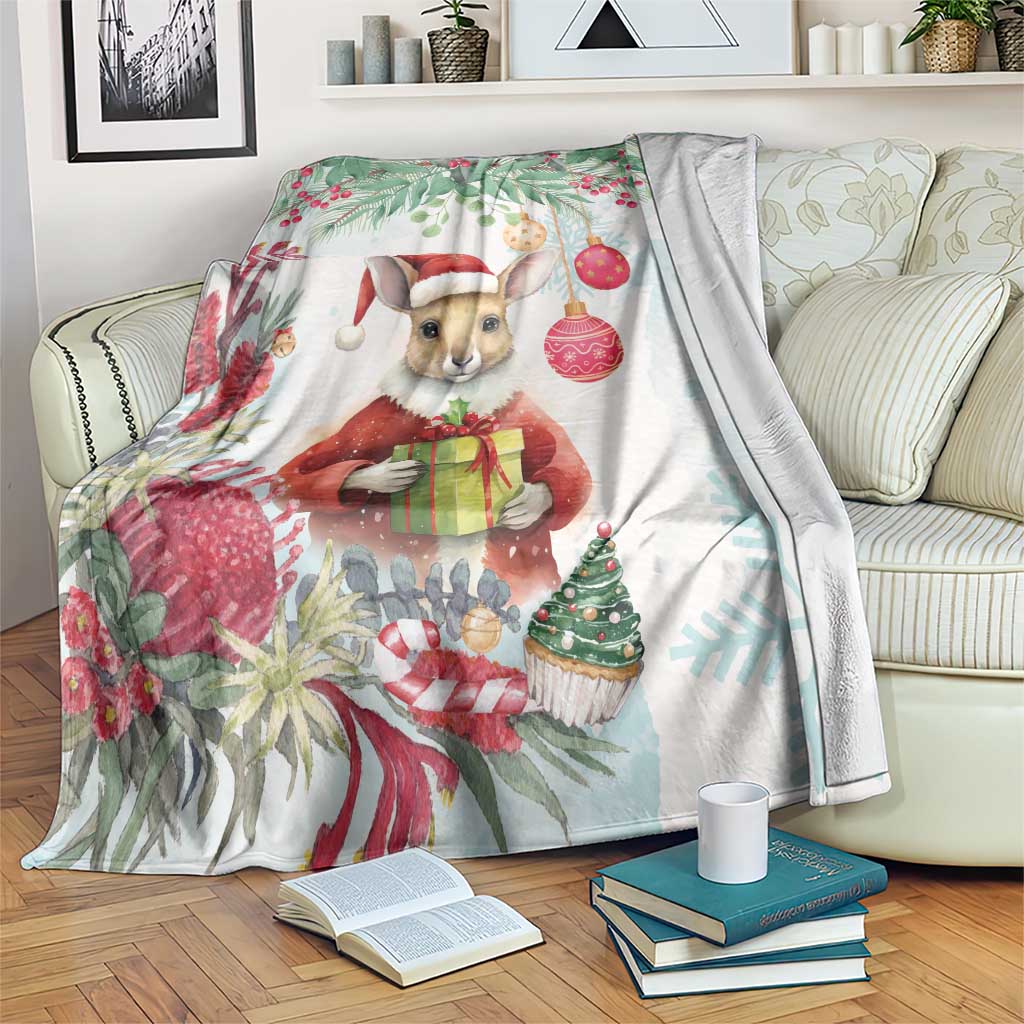 Australia Christmas Blanket Kangaroo Santa With Aussie Flower - Watercolor