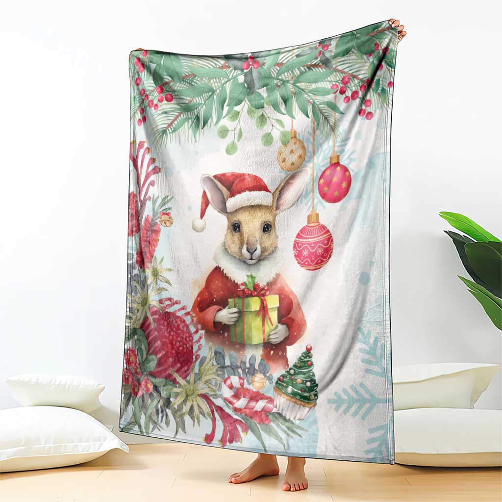 Australia Christmas Blanket Kangaroo Santa With Aussie Flower - Watercolor