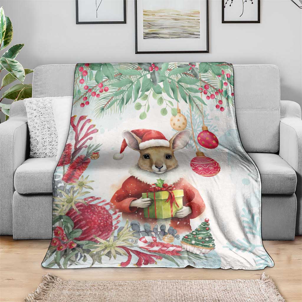 Australia Christmas Blanket Kangaroo Santa With Aussie Flower - Watercolor