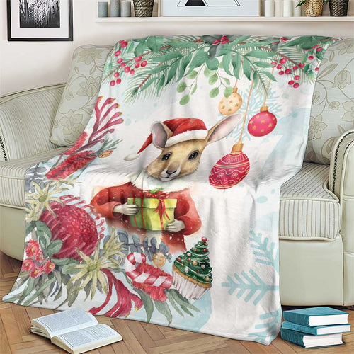 Australia Christmas Blanket Kangaroo Santa With Aussie Flower - Watercolor
