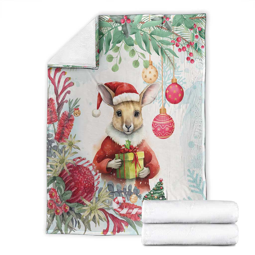 Australia Christmas Blanket Kangaroo Santa With Aussie Flower - Watercolor