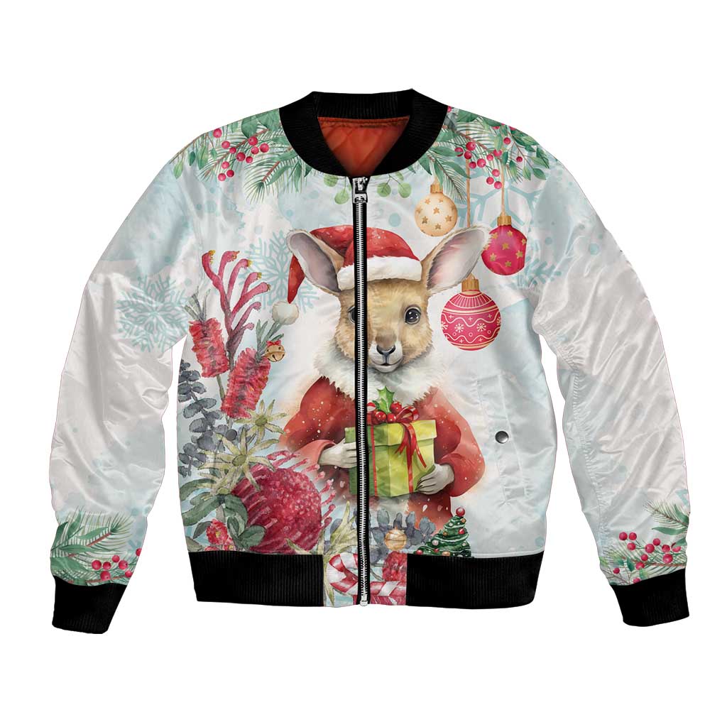 Australia Christmas Bomber Jacket Kangaroo Santa With Aussie Flower - Watercolor