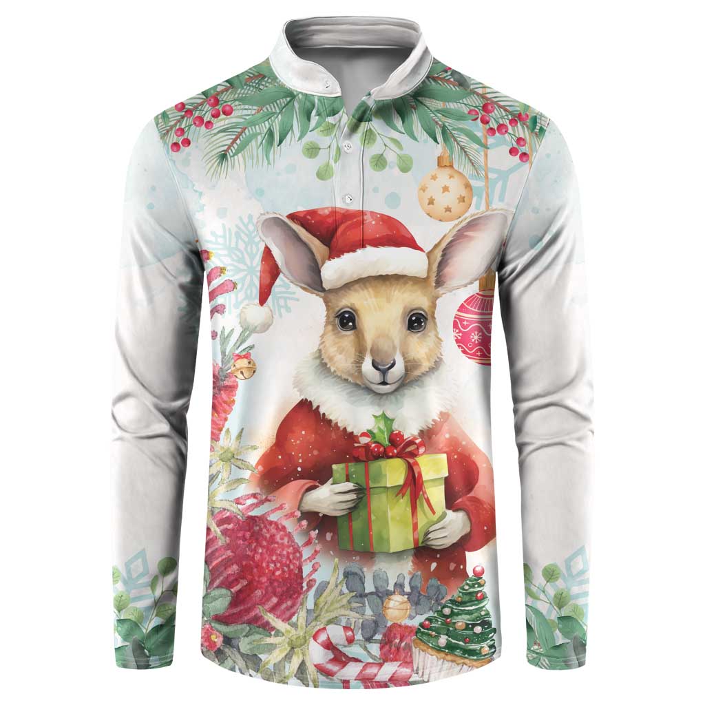 Australia Christmas Button Sweatshirt Kangaroo Santa With Aussie Flower - Watercolor