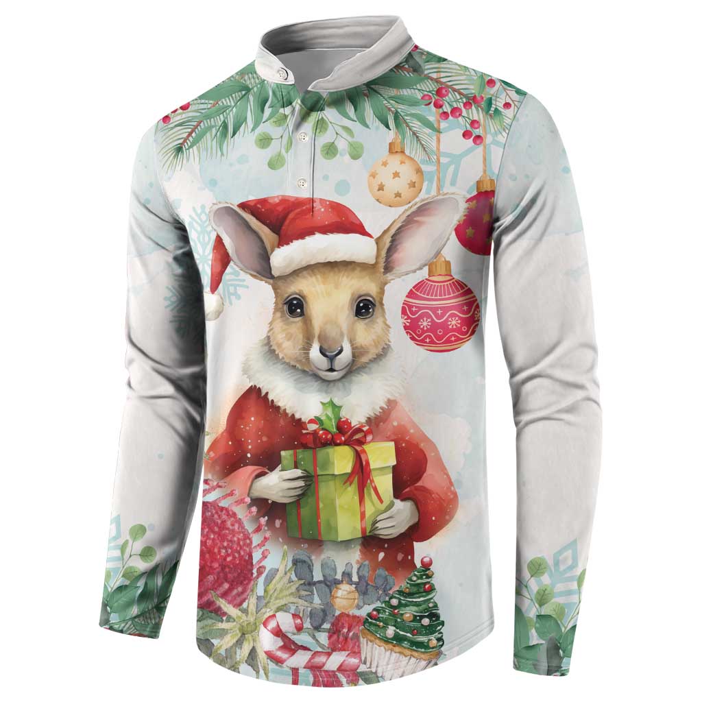 Australia Christmas Button Sweatshirt Kangaroo Santa With Aussie Flower - Watercolor