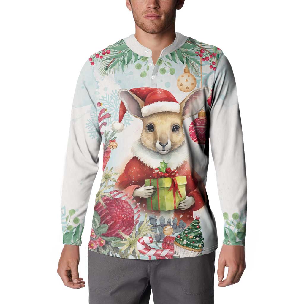 Australia Christmas Button Sweatshirt Kangaroo Santa With Aussie Flower - Watercolor