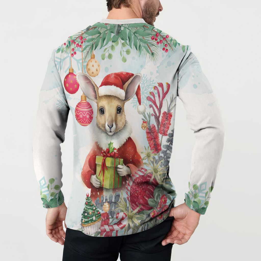 Australia Christmas Button Sweatshirt Kangaroo Santa With Aussie Flower - Watercolor