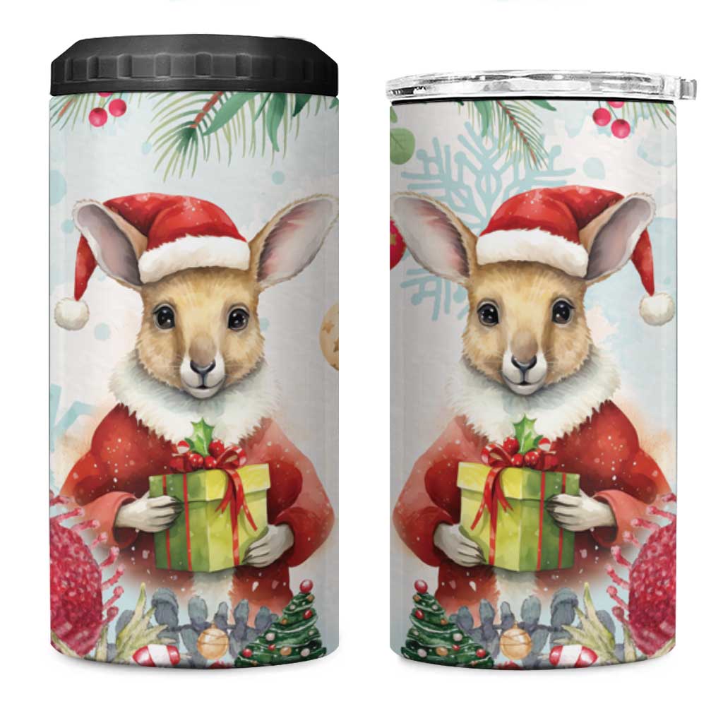 Australia Christmas 4 in 1 Can Cooler Tumbler Kangaroo Santa With Aussie Flower - Watercolor