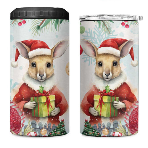 Australia Christmas 4 in 1 Can Cooler Tumbler Kangaroo Santa With Aussie Flower - Watercolor