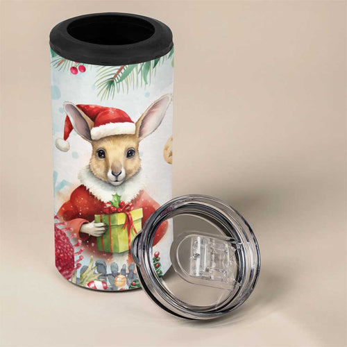 Australia Christmas 4 in 1 Can Cooler Tumbler Kangaroo Santa With Aussie Flower - Watercolor