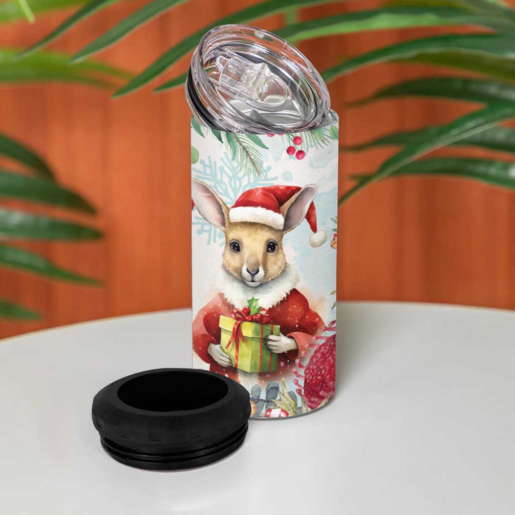 Australia Christmas 4 in 1 Can Cooler Tumbler Kangaroo Santa With Aussie Flower - Watercolor