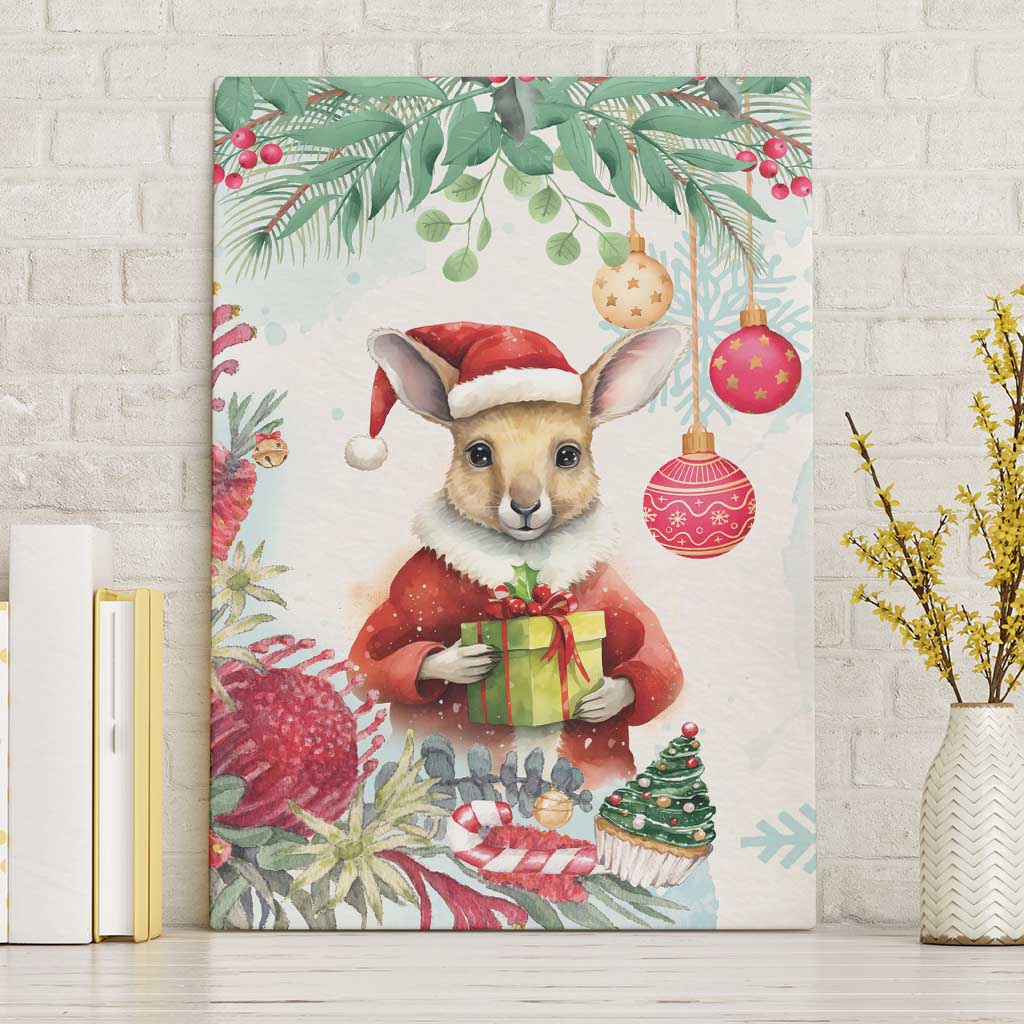Australia Christmas Canvas Wall Art Kangaroo Santa With Aussie Flower - Watercolor