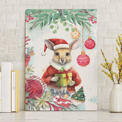 Australia Christmas Canvas Wall Art Kangaroo Santa With Aussie Flower - Watercolor
