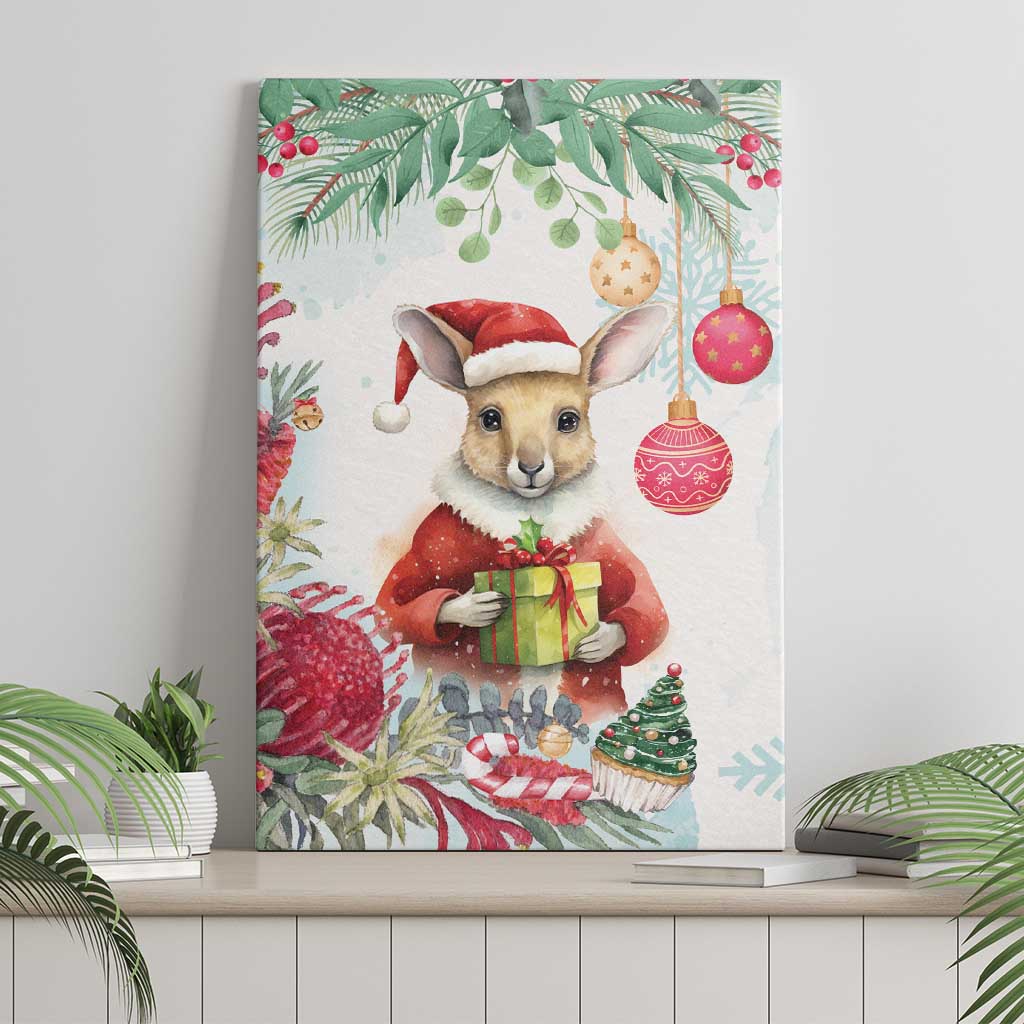 Australia Christmas Canvas Wall Art Kangaroo Santa With Aussie Flower - Watercolor