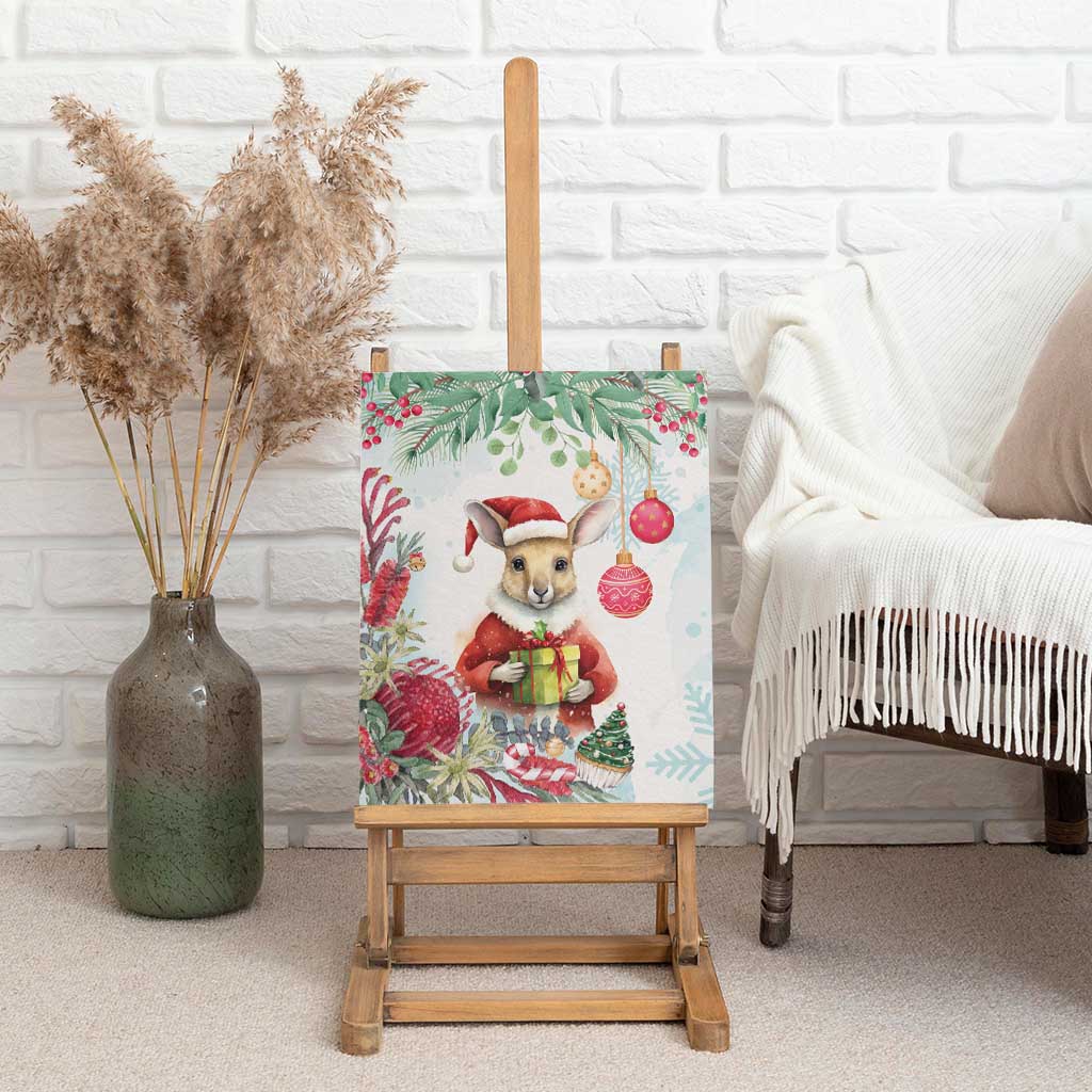 Australia Christmas Canvas Wall Art Kangaroo Santa With Aussie Flower - Watercolor