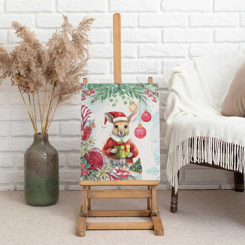 Australia Christmas Canvas Wall Art Kangaroo Santa With Aussie Flower - Watercolor