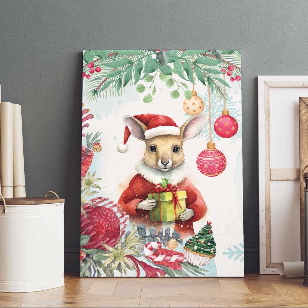Australia Christmas Canvas Wall Art Kangaroo Santa With Aussie Flower - Watercolor