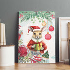 Australia Christmas Canvas Wall Art Kangaroo Santa With Aussie Flower - Watercolor