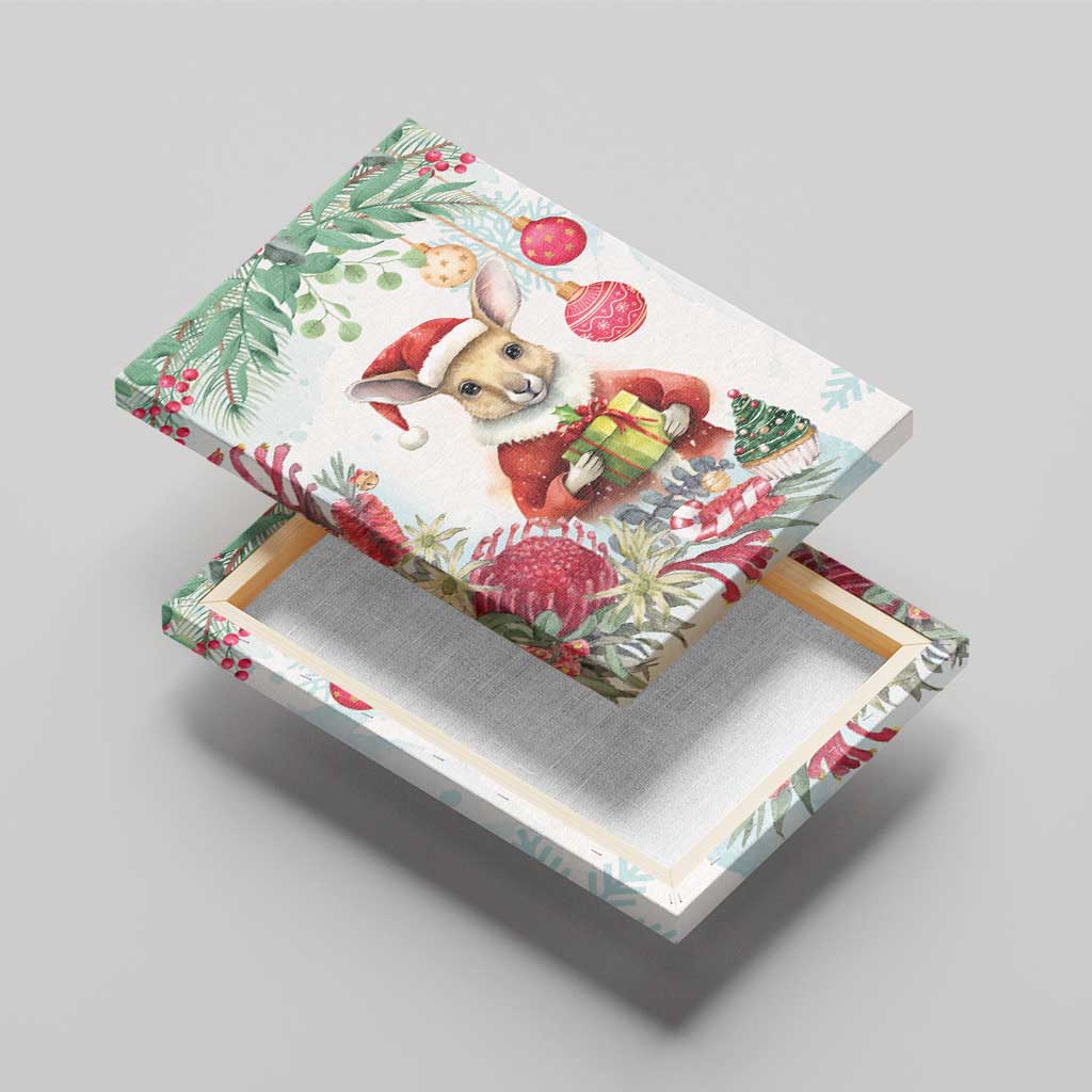 Australia Christmas Canvas Wall Art Kangaroo Santa With Aussie Flower - Watercolor