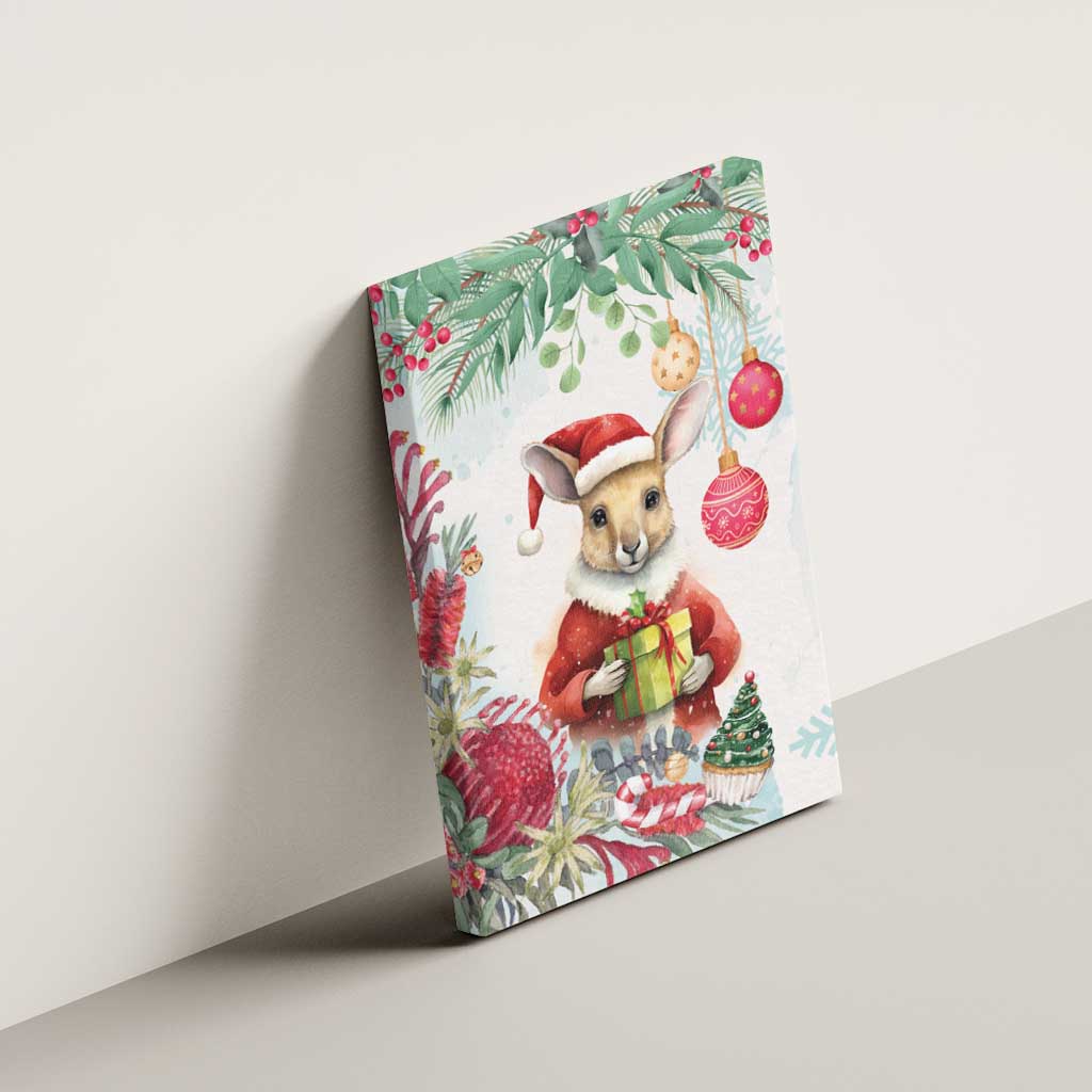 Australia Christmas Canvas Wall Art Kangaroo Santa With Aussie Flower - Watercolor