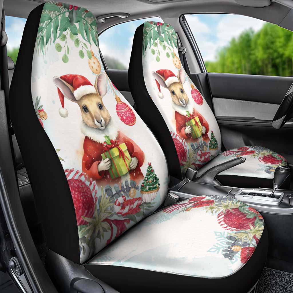 Australia Christmas Car Seat Cover Kangaroo Santa With Aussie Flower - Watercolor