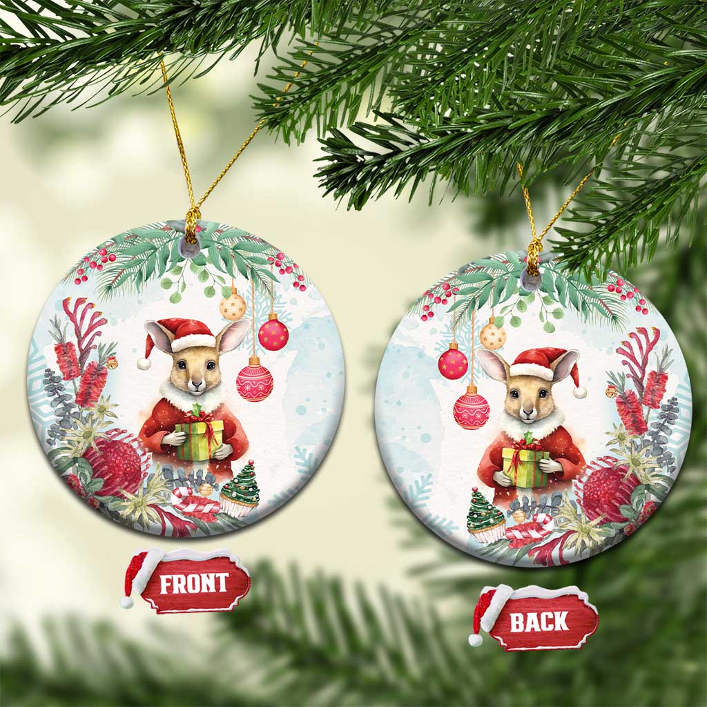 Australia Christmas Ceramic Ornament Kangaroo Santa With Aussie Flower - Watercolor