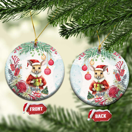 Australia Christmas Ceramic Ornament Kangaroo Santa With Aussie Flower - Watercolor