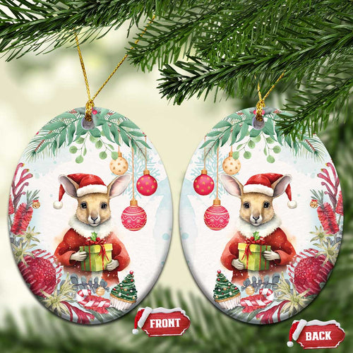 Australia Christmas Ceramic Ornament Kangaroo Santa With Aussie Flower - Watercolor