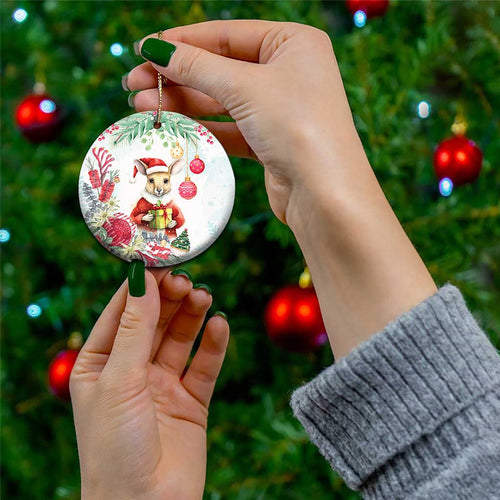 Australia Christmas Ceramic Ornament Kangaroo Santa With Aussie Flower - Watercolor