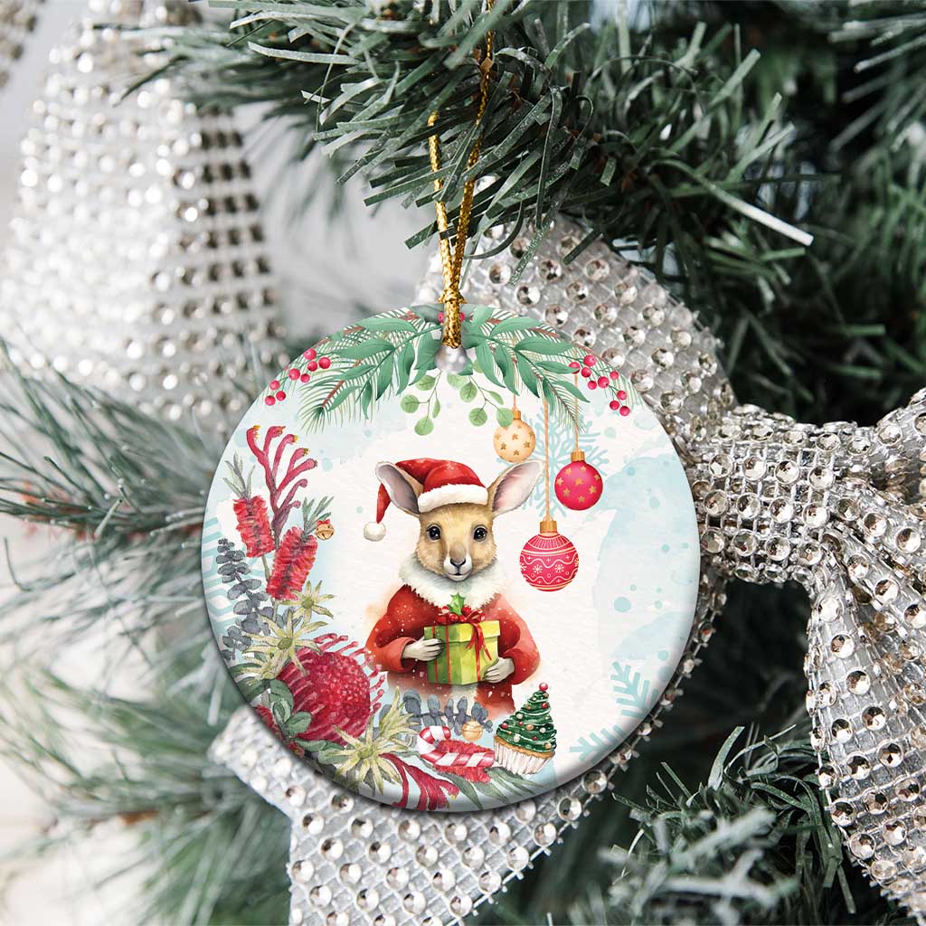 Australia Christmas Ceramic Ornament Kangaroo Santa With Aussie Flower - Watercolor