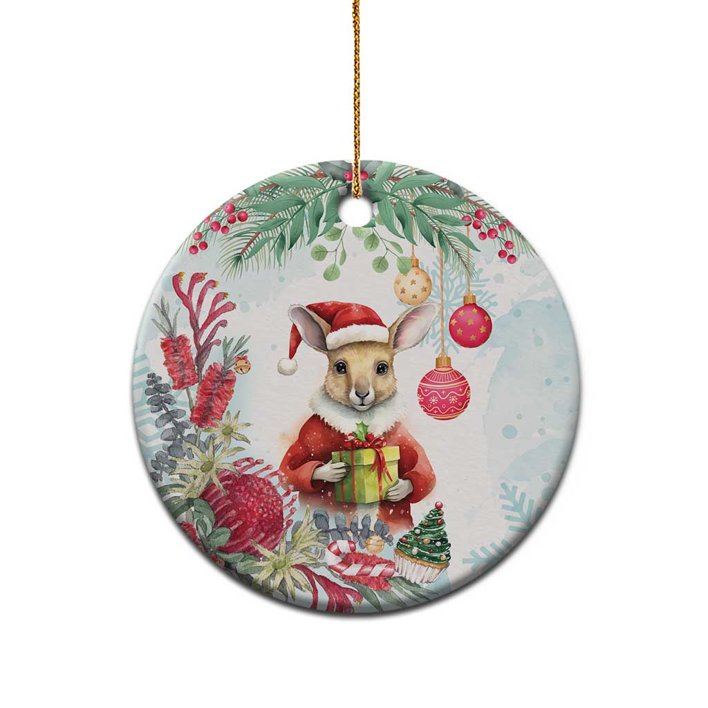 Australia Christmas Ceramic Ornament Kangaroo Santa With Aussie Flower - Watercolor