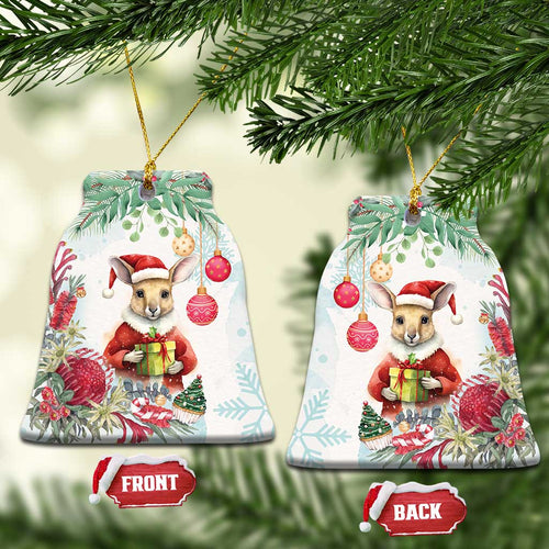 Australia Christmas Ceramic Ornament Kangaroo Santa With Aussie Flower - Watercolor