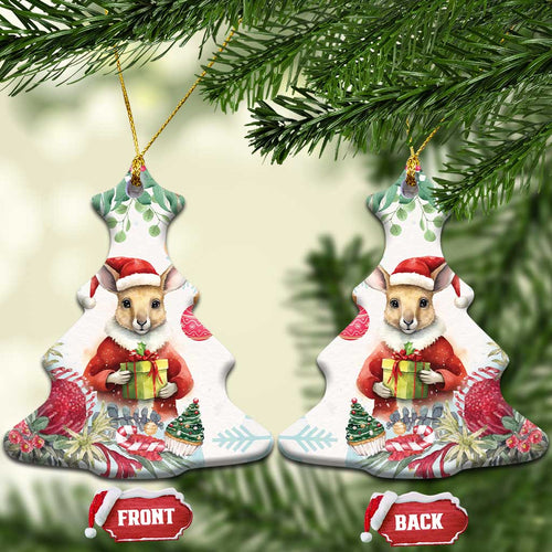 Australia Christmas Ceramic Ornament Kangaroo Santa With Aussie Flower - Watercolor