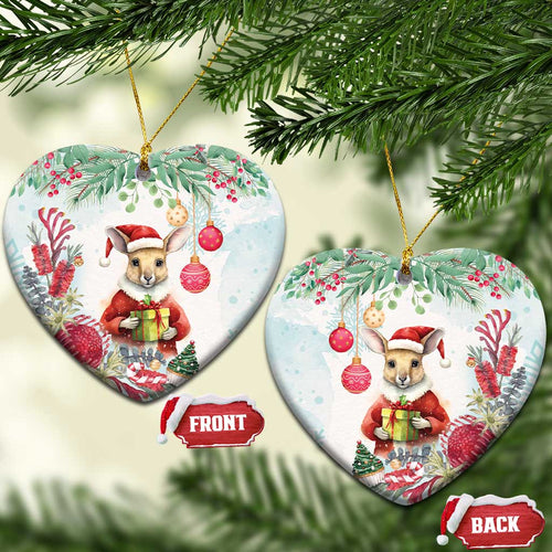 Australia Christmas Ceramic Ornament Kangaroo Santa With Aussie Flower - Watercolor