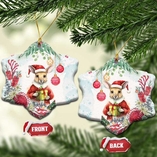 Australia Christmas Ceramic Ornament Kangaroo Santa With Aussie Flower - Watercolor