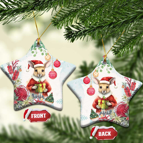 Australia Christmas Ceramic Ornament Kangaroo Santa With Aussie Flower - Watercolor