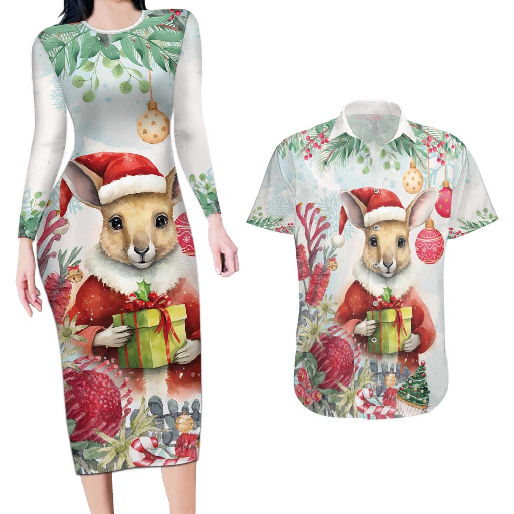 Australia Christmas Couples Matching Long Sleeve Bodycon Dress and Hawaiian Shirt Kangaroo Santa With Aussie Flower - Watercolor