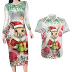 Australia Christmas Couples Matching Long Sleeve Bodycon Dress and Hawaiian Shirt Kangaroo Santa With Aussie Flower - Watercolor