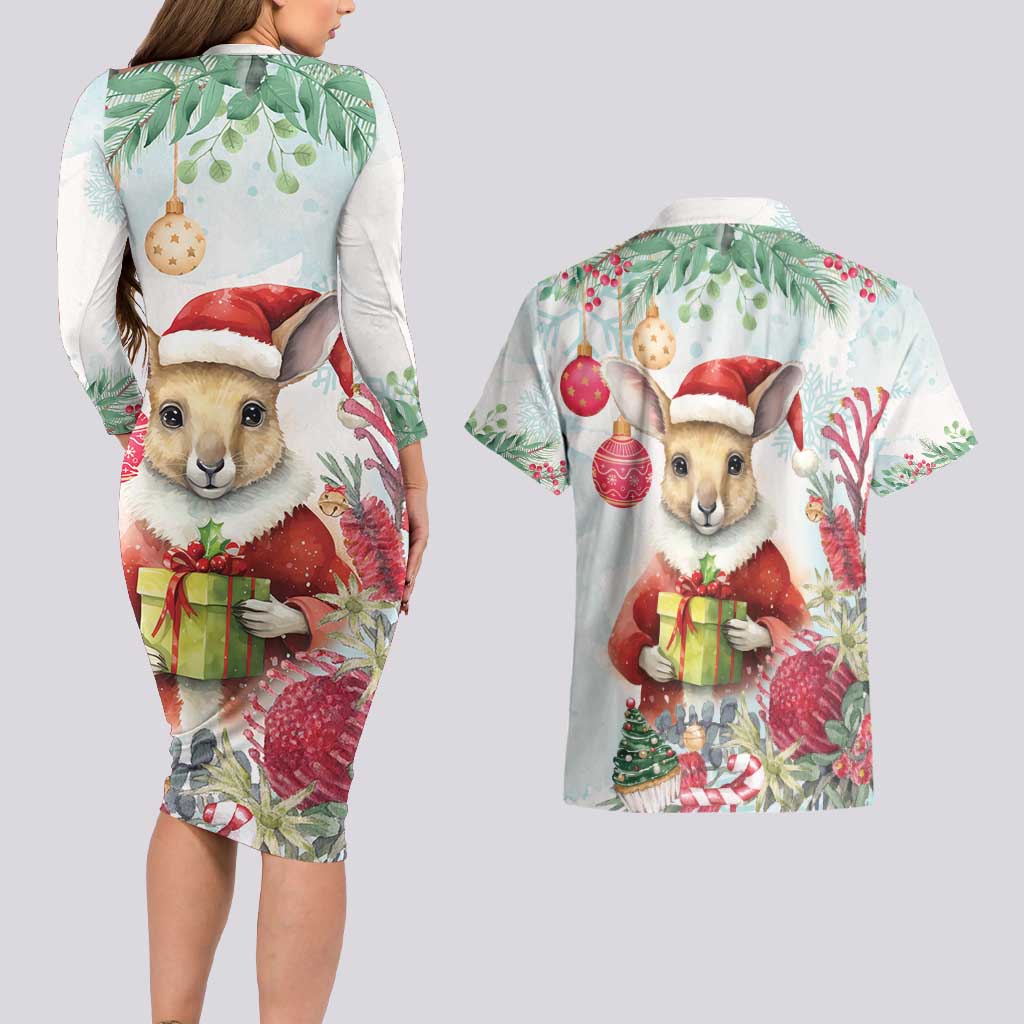 Australia Christmas Couples Matching Long Sleeve Bodycon Dress and Hawaiian Shirt Kangaroo Santa With Aussie Flower - Watercolor