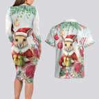 Australia Christmas Couples Matching Long Sleeve Bodycon Dress and Hawaiian Shirt Kangaroo Santa With Aussie Flower - Watercolor