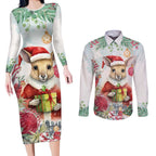 Australia Christmas Couples Matching Long Sleeve Bodycon Dress and Long Sleeve Button Shirt Kangaroo Santa With Aussie Flower - Watercolor