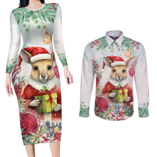 Australia Christmas Couples Matching Long Sleeve Bodycon Dress and Long Sleeve Button Shirt Kangaroo Santa With Aussie Flower - Watercolor