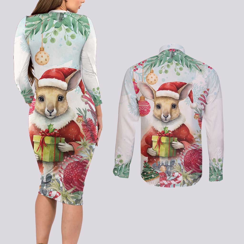 Australia Christmas Couples Matching Long Sleeve Bodycon Dress and Long Sleeve Button Shirt Kangaroo Santa With Aussie Flower - Watercolor