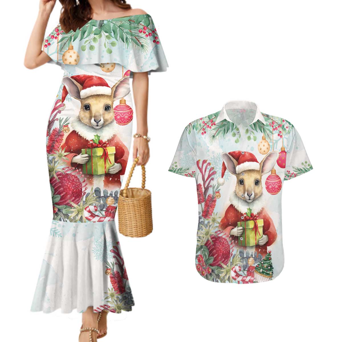 Australia Christmas Couples Matching Mermaid Dress and Hawaiian Shirt Kangaroo Santa With Aussie Flower - Watercolor