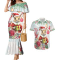 Australia Christmas Couples Matching Mermaid Dress and Hawaiian Shirt Kangaroo Santa With Aussie Flower - Watercolor