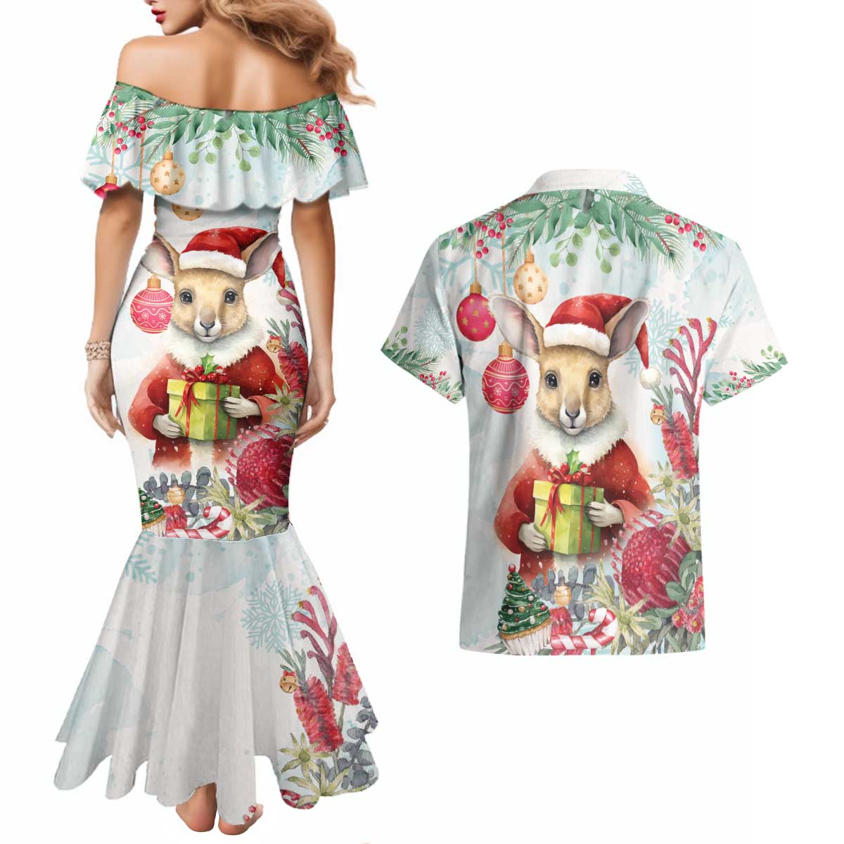 Australia Christmas Couples Matching Mermaid Dress and Hawaiian Shirt Kangaroo Santa With Aussie Flower - Watercolor