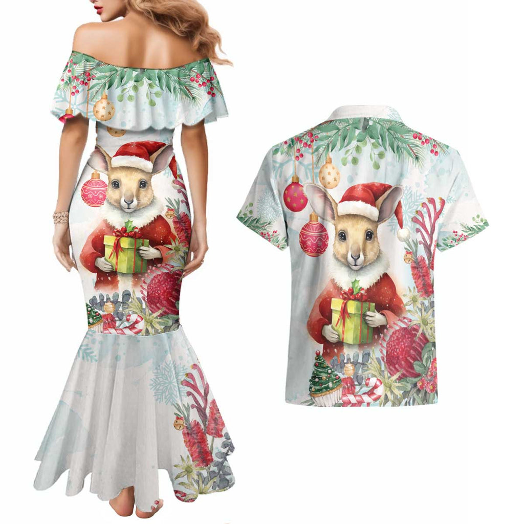 Australia Christmas Couples Matching Mermaid Dress and Hawaiian Shirt Kangaroo Santa With Aussie Flower - Watercolor