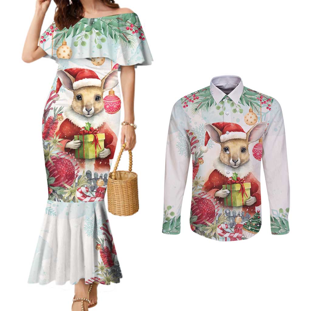Australia Christmas Couples Matching Mermaid Dress and Long Sleeve Button Shirt Kangaroo Santa With Aussie Flower - Watercolor
