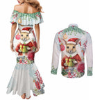 Australia Christmas Couples Matching Mermaid Dress and Long Sleeve Button Shirt Kangaroo Santa With Aussie Flower - Watercolor