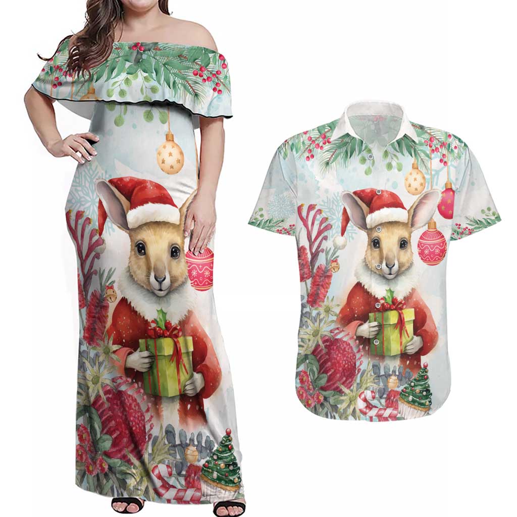 Australia Christmas Couples Matching Off Shoulder Maxi Dress and Hawaiian Shirt Kangaroo Santa With Aussie Flower - Watercolor