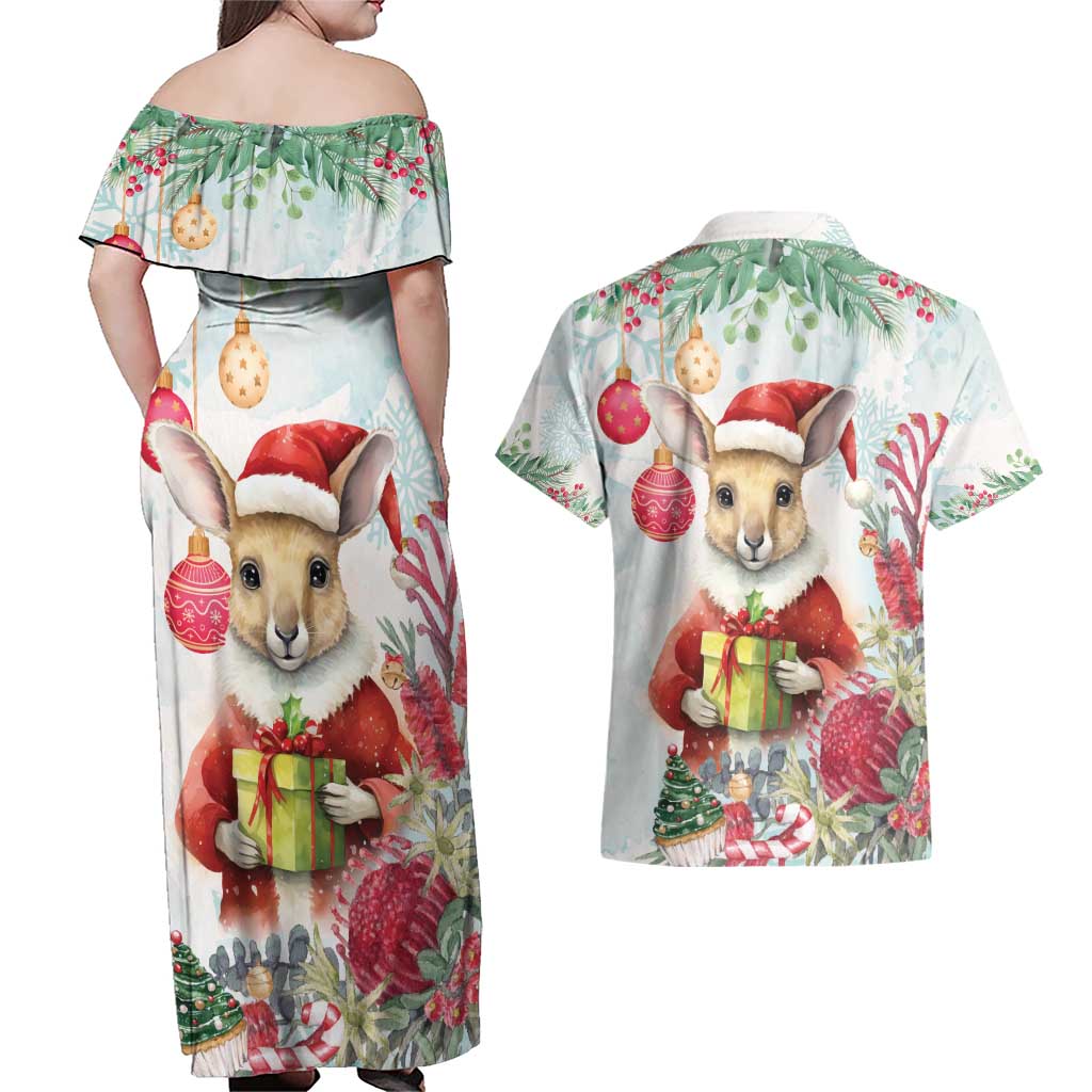 Australia Christmas Couples Matching Off Shoulder Maxi Dress and Hawaiian Shirt Kangaroo Santa With Aussie Flower - Watercolor